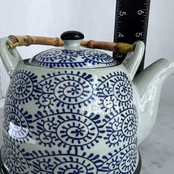 Iga Ware Handcrafted Ceramic Teapot Bamboo Handle Blue White Swirl Design Vtg - Picture 12 of 12